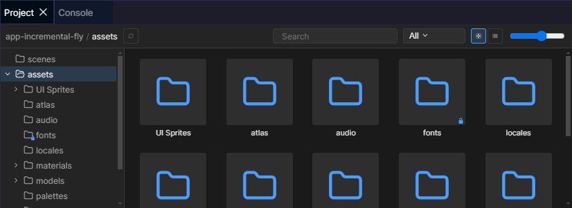 Threenity Project panel showing the asset browser with sprite, atlas, audio, material, and model folders