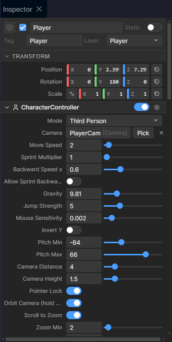 Threenity Inspector panel showing a Player object's Transform and CharacterController component with generated fields