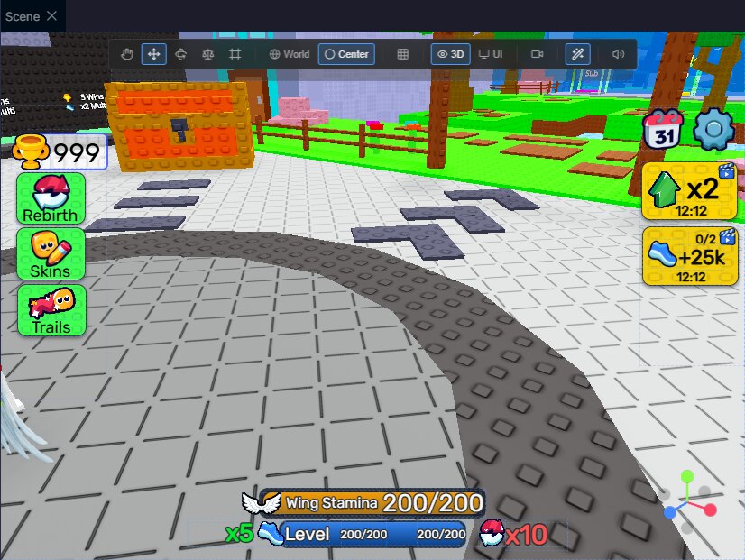 Threenity scene view rendering a live 3D scene with transform gizmos and the editor toolbar